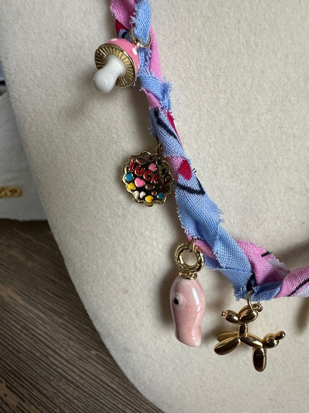 Pink & Light Blue Braided Bandana Charm Necklace - Picture 2 of 4